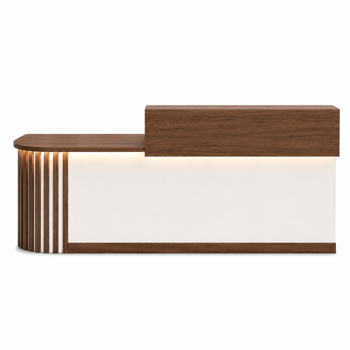 Walnut curved reception counter with warm wood finish for executive offices