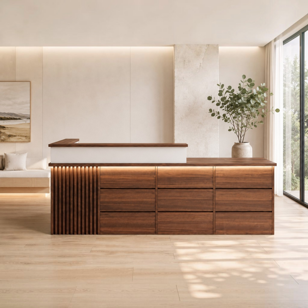 Walnut L-shaped reception desk with LED lighting for modern commercial offices