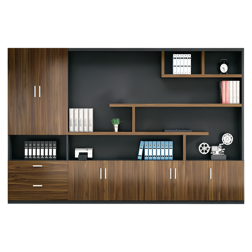 Walnut office storage cabinet with open shelving, drawers and closed compartments for executive workspaces