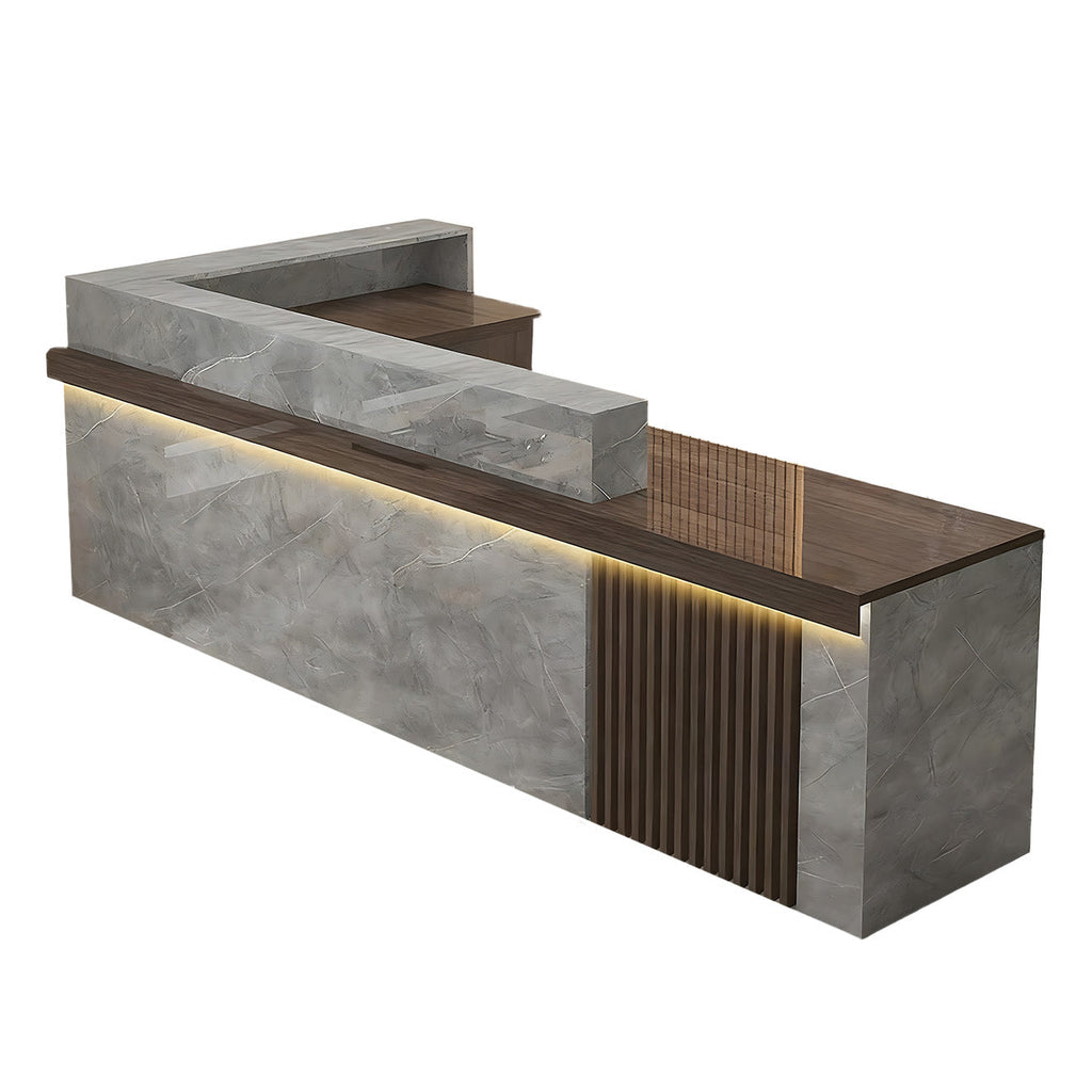 Right high return walnut reception desk with fluted detail for commercial reception spaces