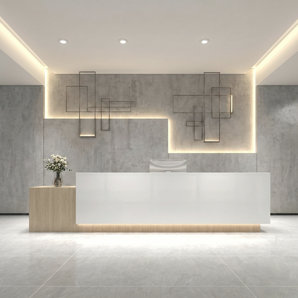 Modern white reception counter with LED lighting for professional office spaces
