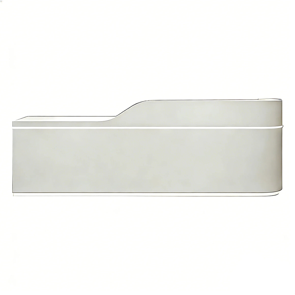 White curved reception counter with left high side design and integrated LED lighting feature