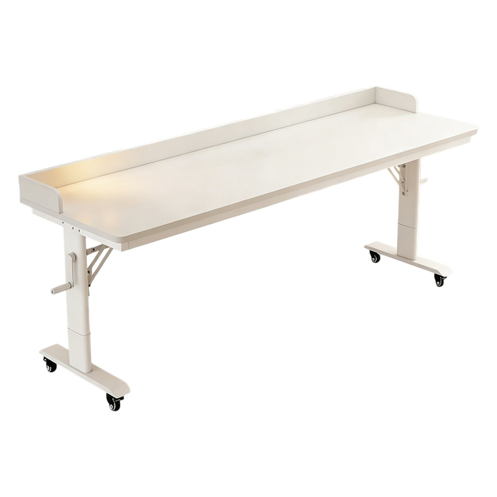 White height adjustable mobile workstation table with wheeled base and rear edge