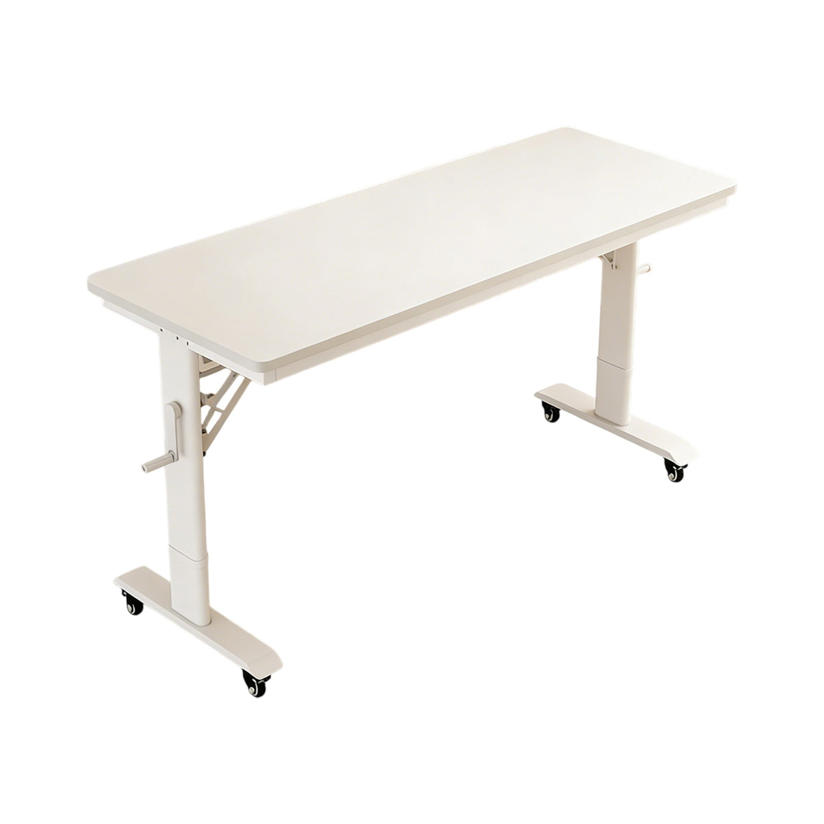 White height adjustable standing desk with mobile wheels and compact workspace design
