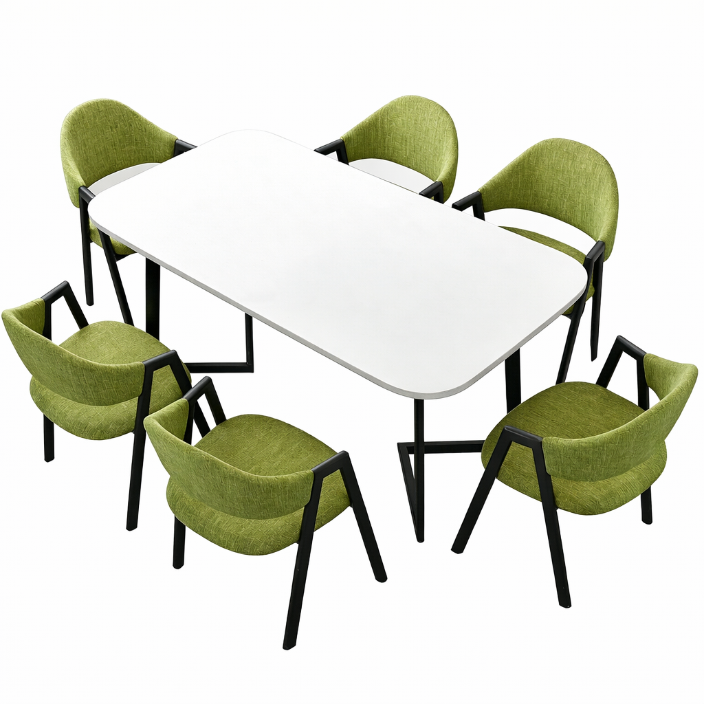 White hospitality dining table with green upholstered chairs for cafes and restaurants