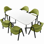White hospitality dining table with green upholstered chairs for cafes and restaurants