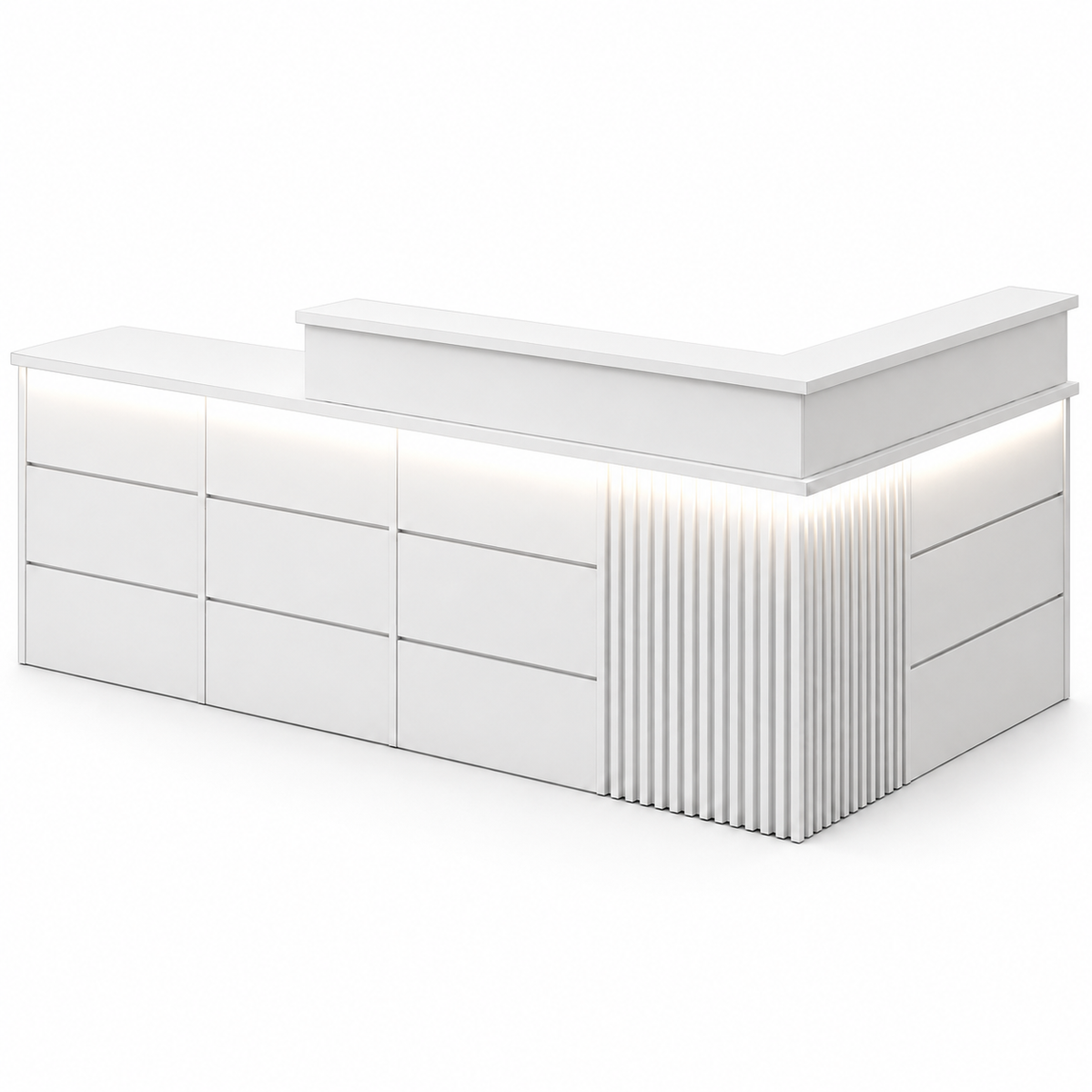 White reception desk with fluted panel detailing and LED lighting