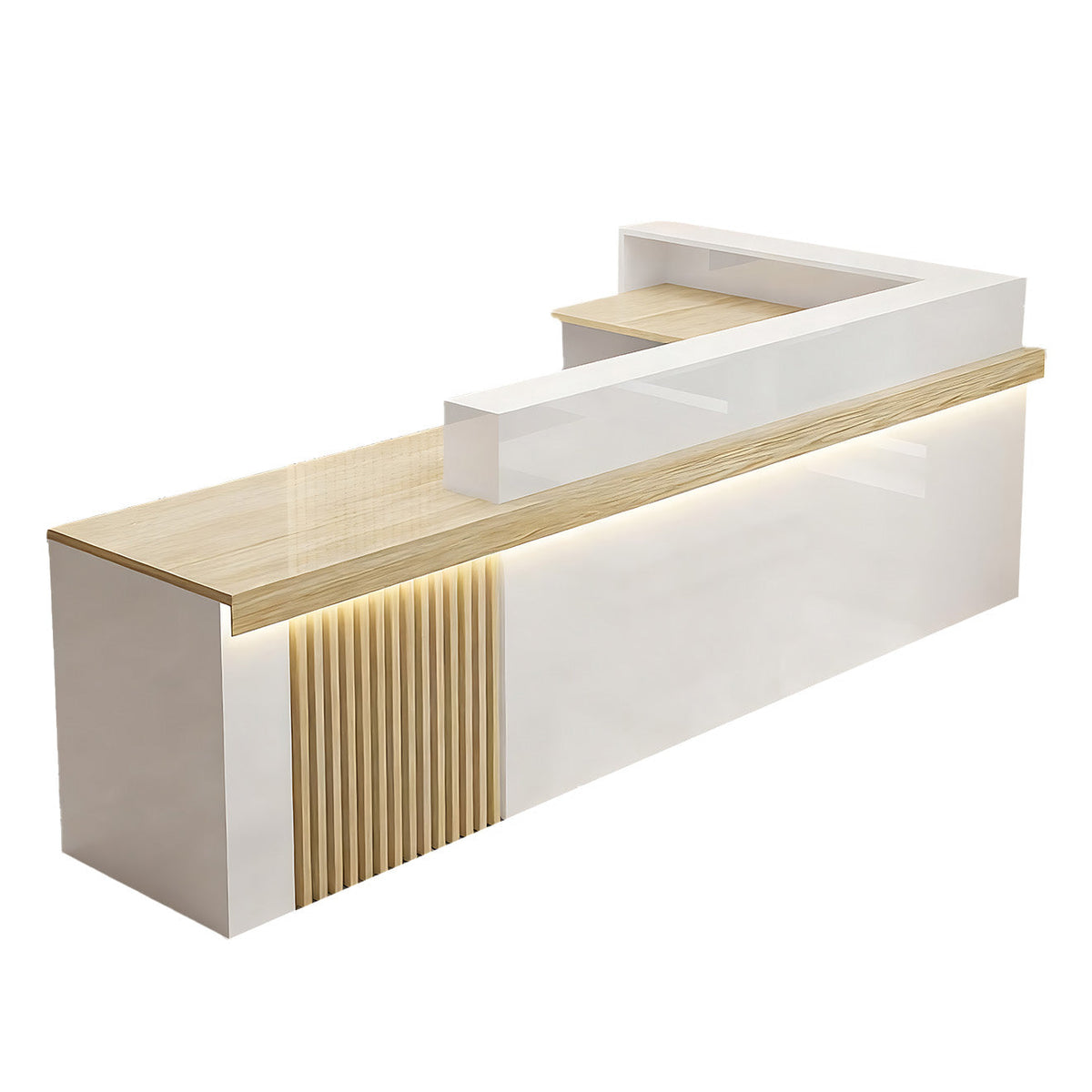 Left high return white reception counter showing fluted panel and structured workstation area