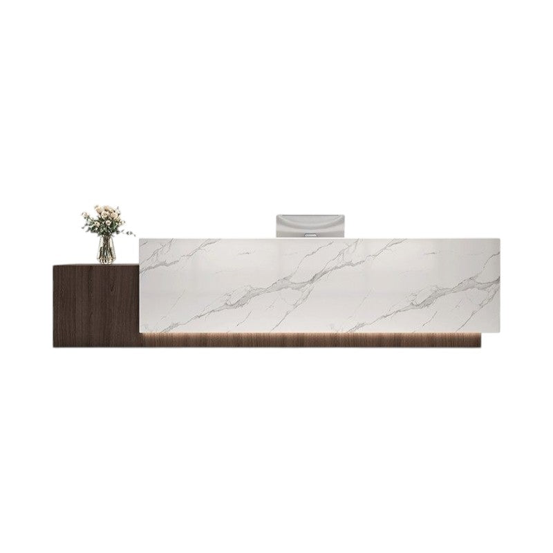 Modern white reception counter with wood side cabinet for office reception areas