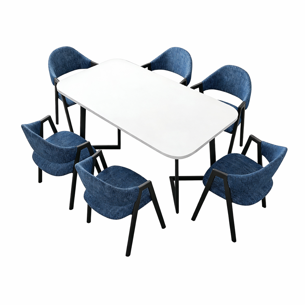 White meeting table with six blue chairs for modern office meeting rooms