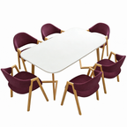 White meeting table with six purple chairs for modern office interiors