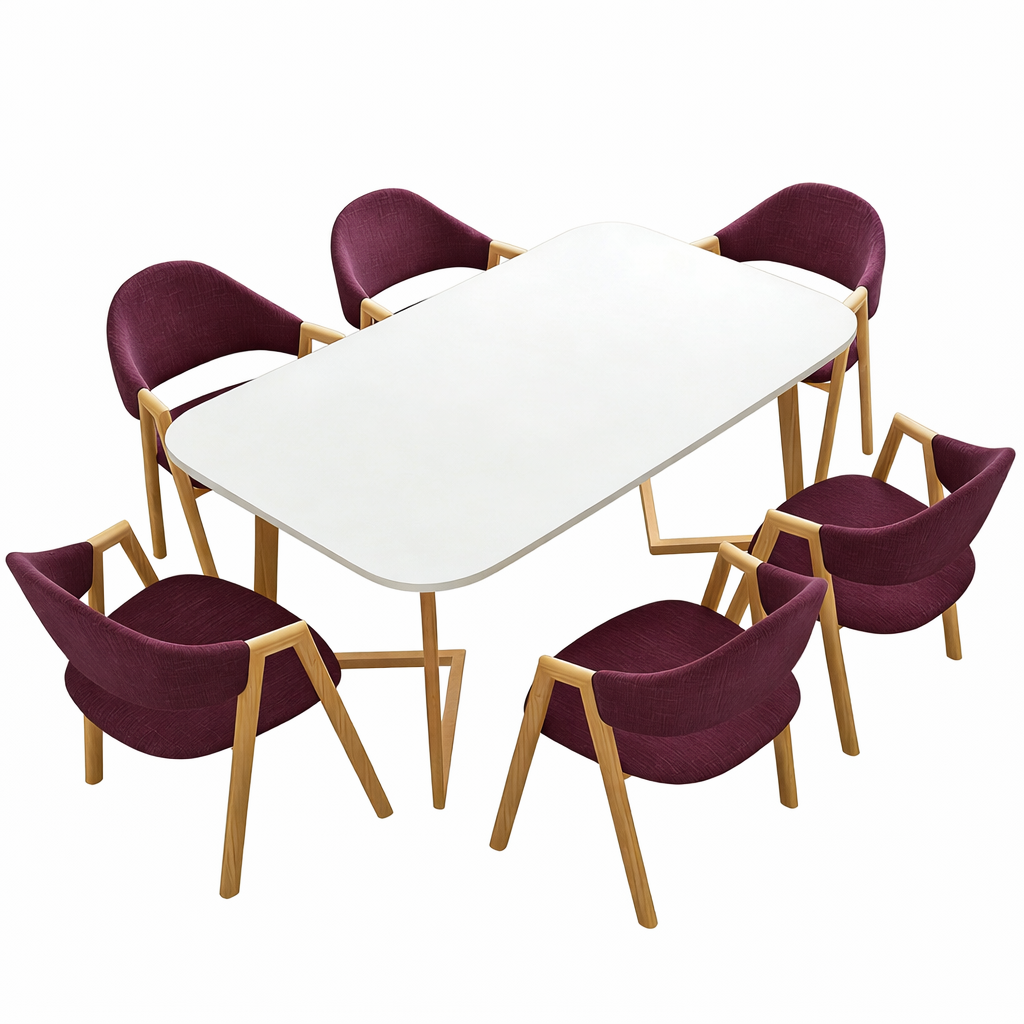 White meeting table with six purple chairs for modern office interiors