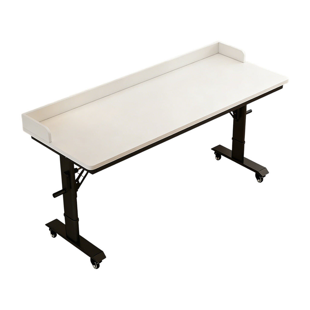 White mobile height adjustable table with black frame for modern commercial offices