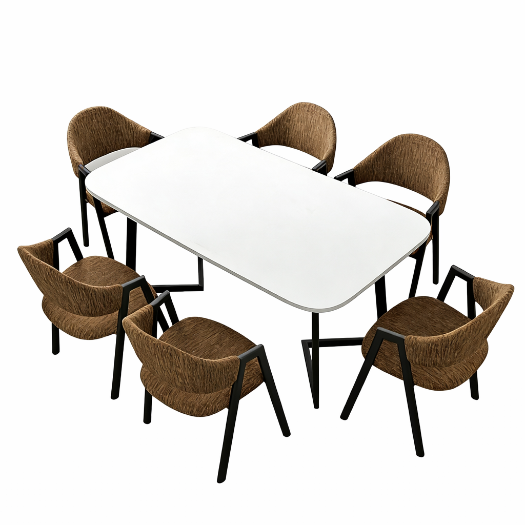 White office meeting table with six brown chairs for professional workspaces