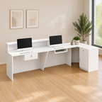 White reception desk with integrated workstation and storage for office use