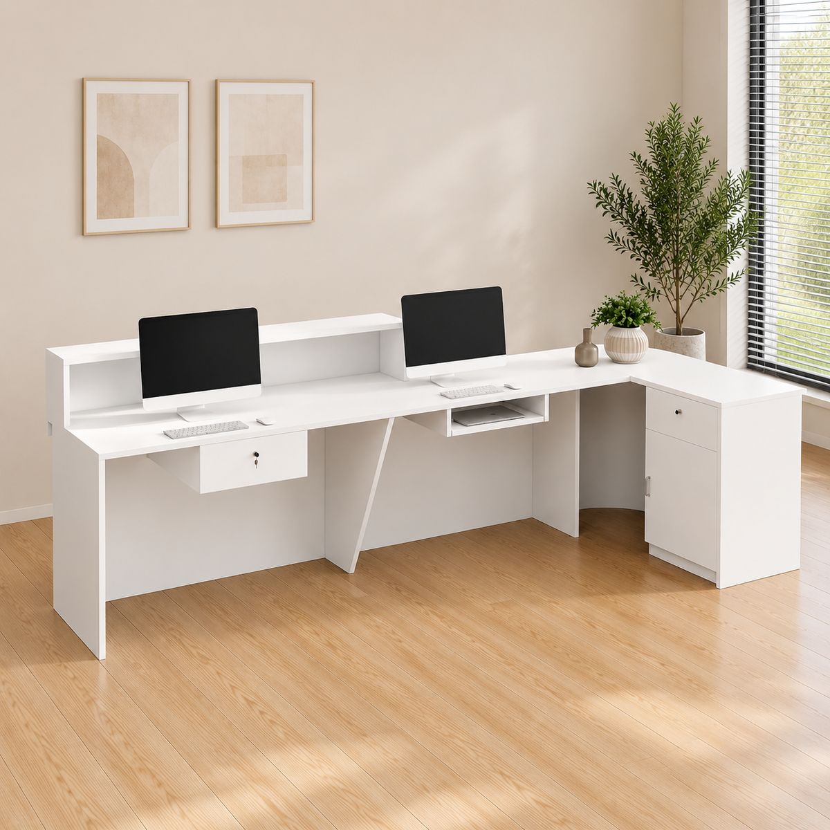 White reception desk with integrated workstation and storage for office use