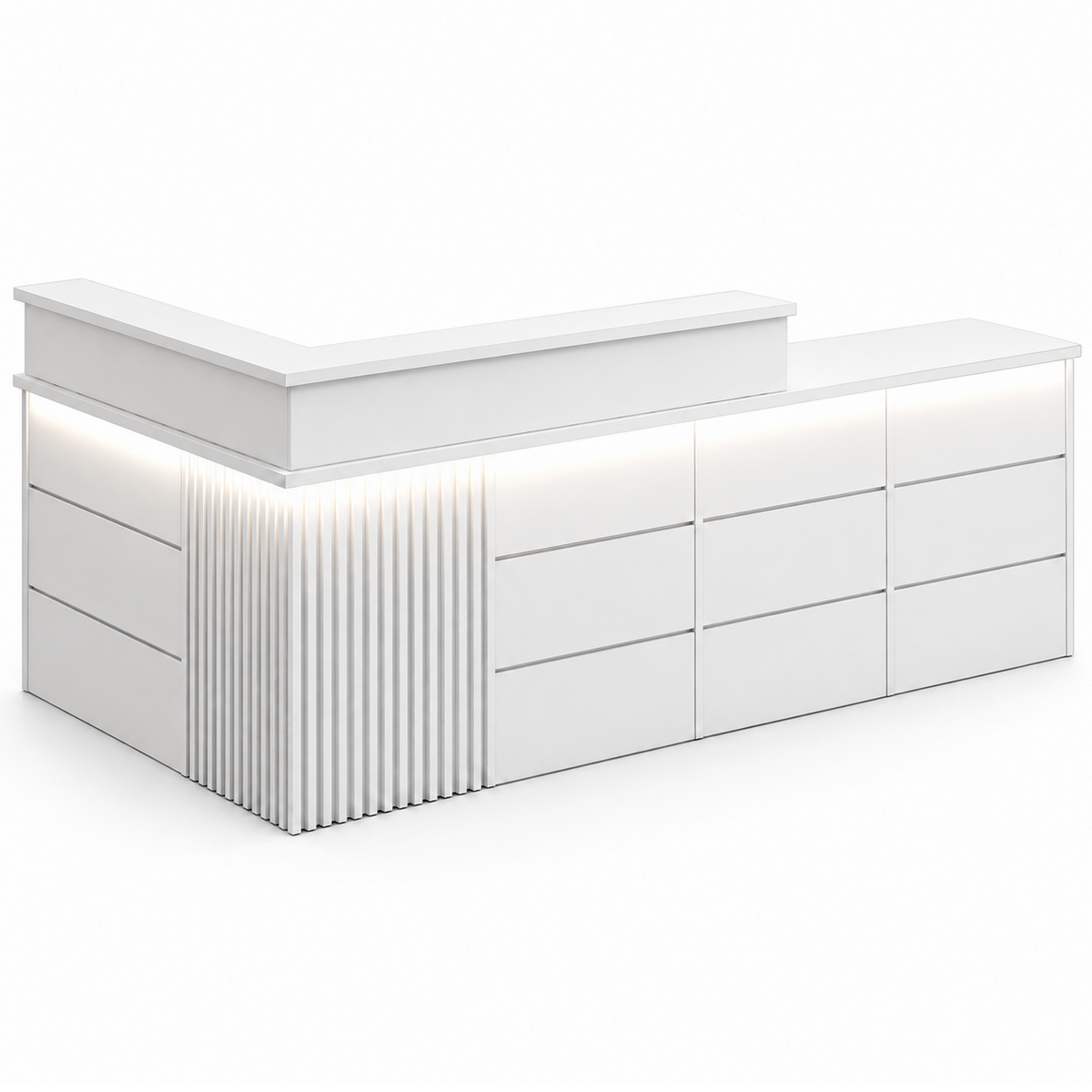 White reception desk with right high return and LED lighting