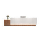 White reception desk with LED strip lighting and contemporary office design