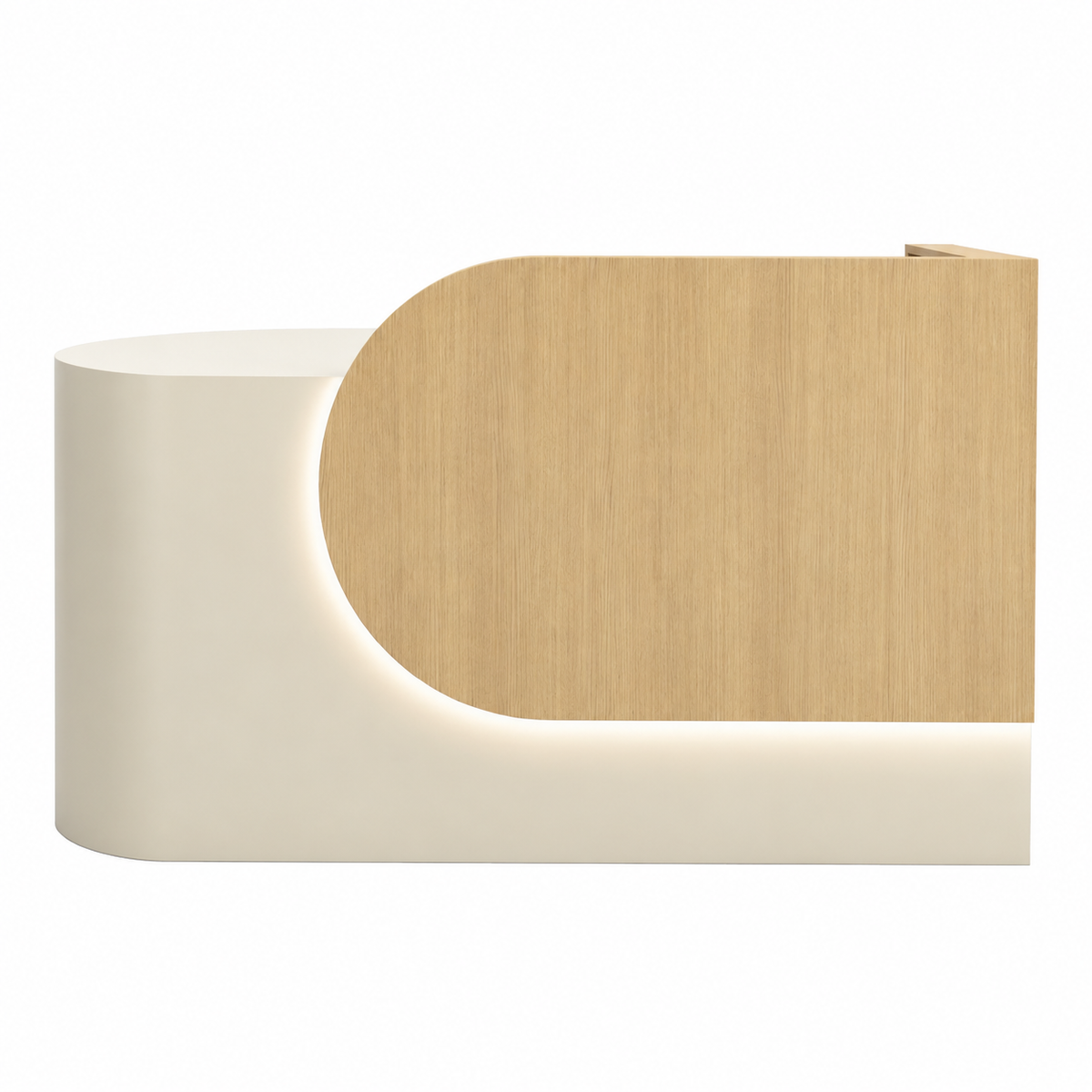 Curved reception desk with wood finish panel and custom design options