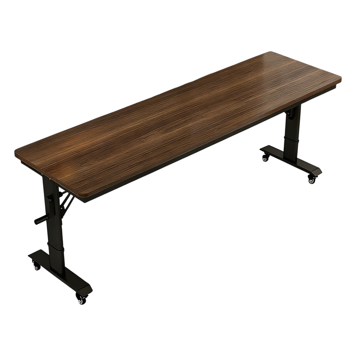 Mobile height adjustable desk with wood grain finish desktop and sturdy adjustable frame