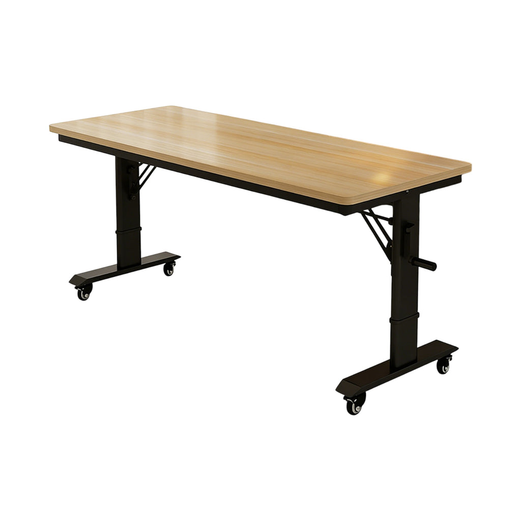 Wood grain finish mobile standing desk with adjustable height frame and wheels