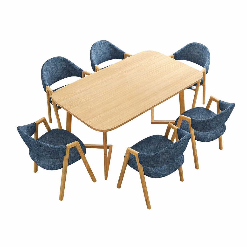 Wooden dining table with six blue chairs, offering a versatile furniture set for modern homes, studios and office
