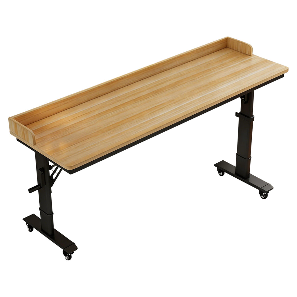 Woodgrain mobile height adjustable table with black frame and raised rear edge