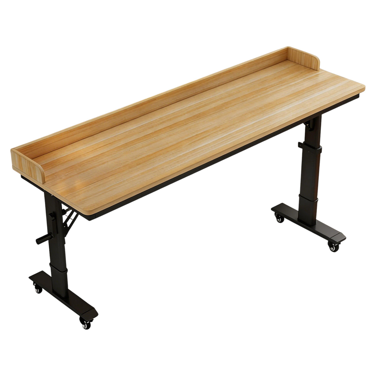 Woodgrain mobile height adjustable table with black frame and raised rear edge